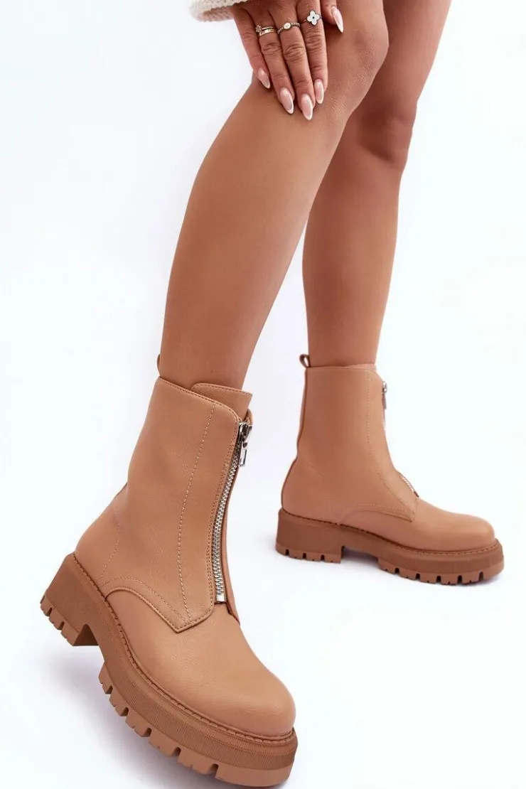 Boto Botki Ocieplane|Brązowe I Beżowe Botki*Skórzane Botki Na Płaskim Obcasie Z Suwakiem Camel Vimal Brązowy