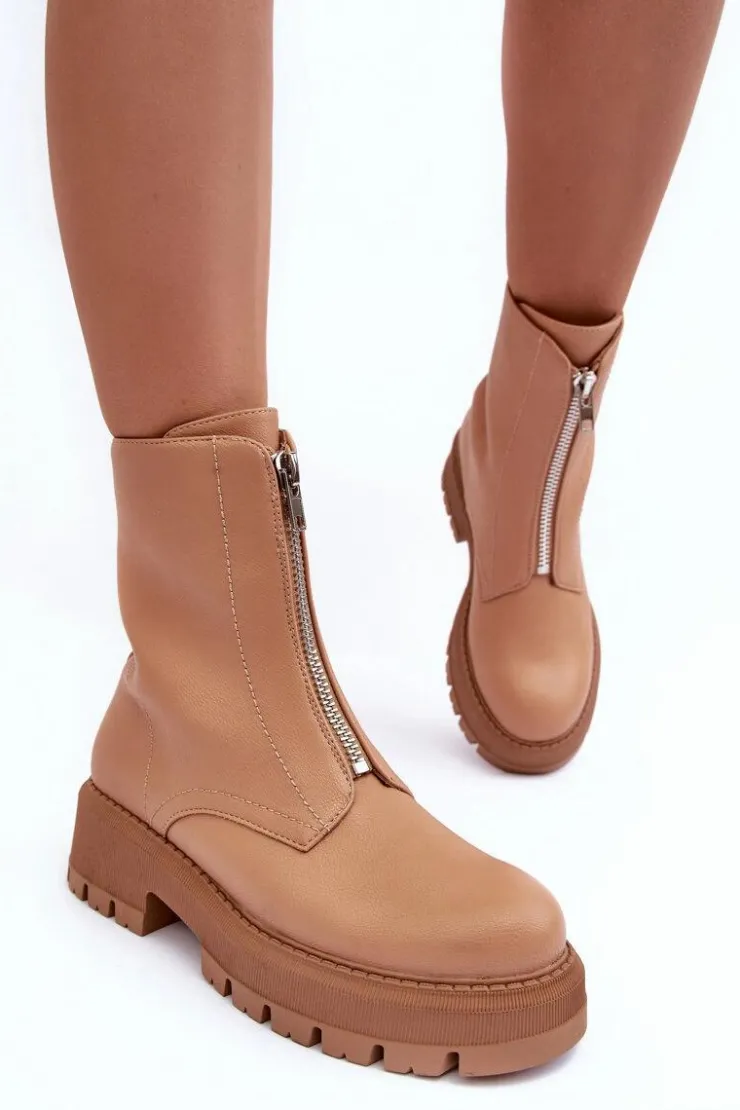 Boto Botki Ocieplane|Brązowe I Beżowe Botki*Skórzane Botki Na Płaskim Obcasie Z Suwakiem Camel Vimal Brązowy