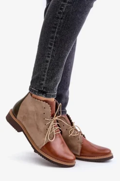 Hot Nobo Skórzane Botki Na Płaskim Obcasie Brązowe Zazoo 4078 Brązowy