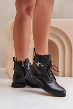 Damskie Maciejka Skórzane Botki Na Płaskim Obcasie Z Ozdobą Ocieplane N3115-01 Czarne