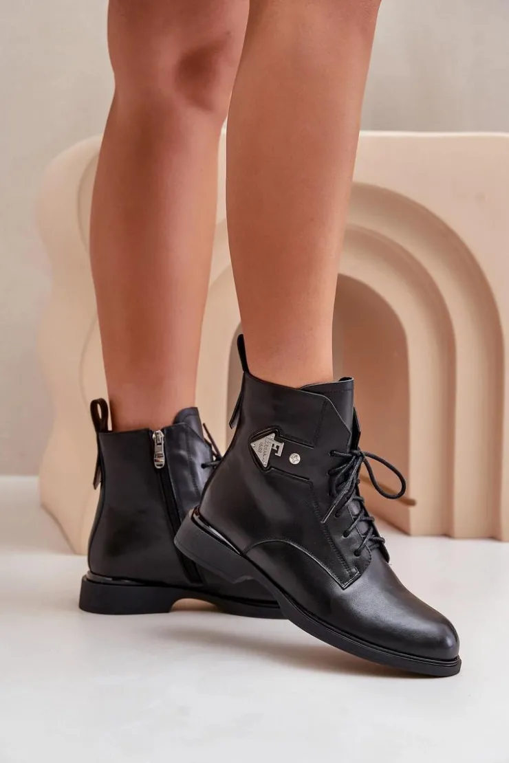 Damskie Maciejka Skórzane Botki Na Płaskim Obcasie Z Ozdobą Ocieplane N3115-01 Czarne