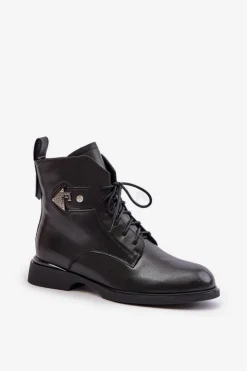 Damskie Maciejka Skórzane Botki Na Płaskim Obcasie Z Ozdobą Ocieplane N3115-01 Czarne