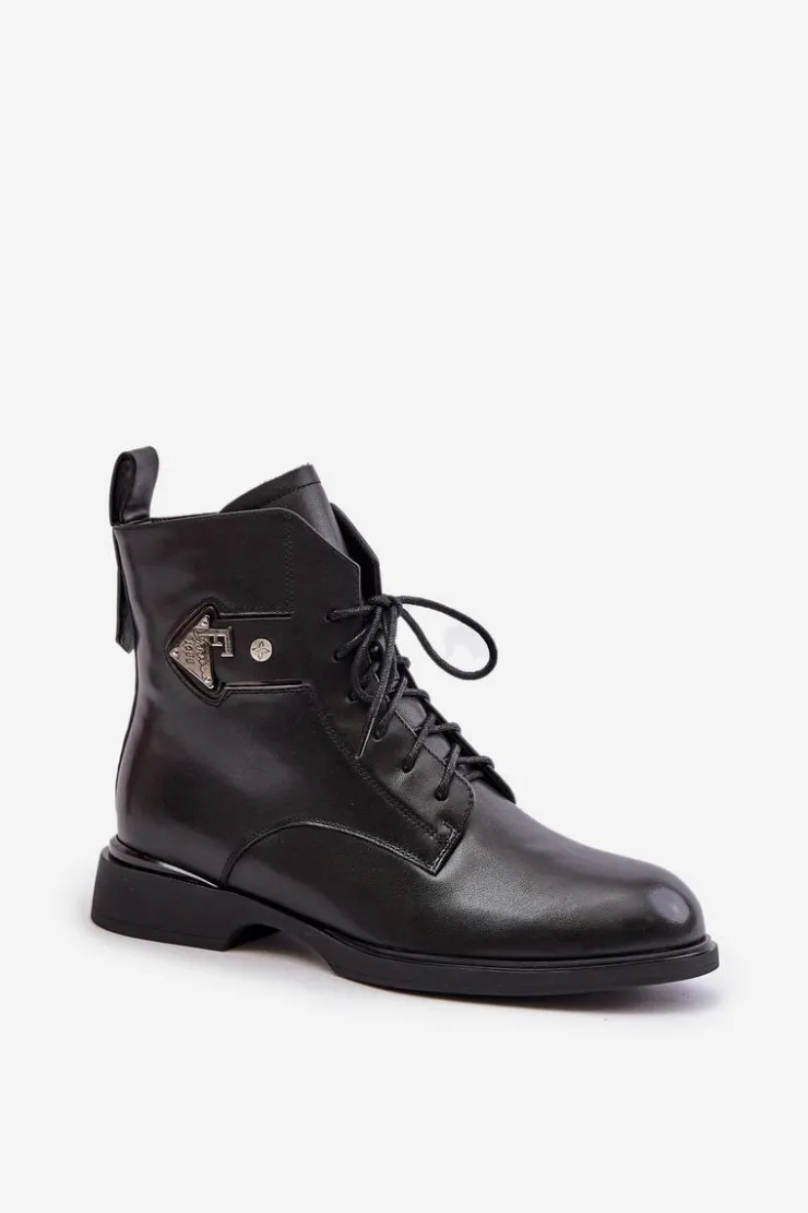 Damskie Maciejka Skórzane Botki Na Płaskim Obcasie Z Ozdobą Ocieplane N3115-01 Czarne