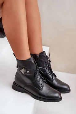 Damskie Maciejka Skórzane Botki Na Płaskim Obcasie Z Ozdobą Ocieplane N3115-01 Czarne