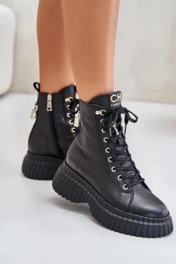 Damskie CheBello Skórzane Botki Na Platformie Na Zamek Z Ozdobną Kłódką 4517 Czarne