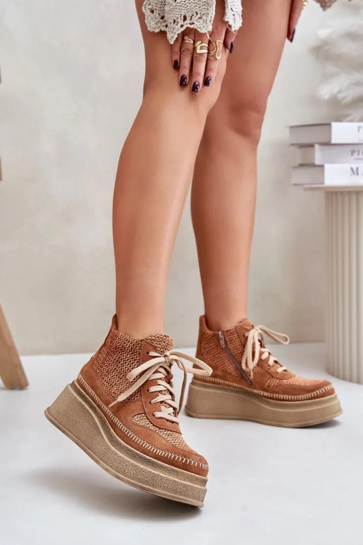 Maciejka Botki Maciejka|Damskie Trapery*Skórzane Botki Na Platformie I Koturnie 06759-29 Brązowe