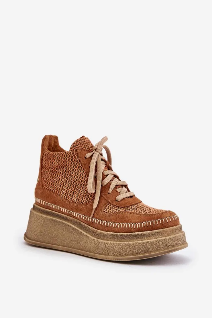 Maciejka Botki Maciejka|Damskie Trapery*Skórzane Botki Na Platformie I Koturnie 06759-29 Brązowe