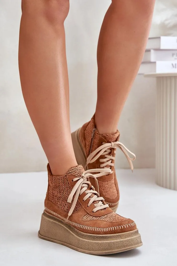 Maciejka Botki Maciejka|Damskie Trapery*Skórzane Botki Na Platformie I Koturnie 06759-29 Brązowe