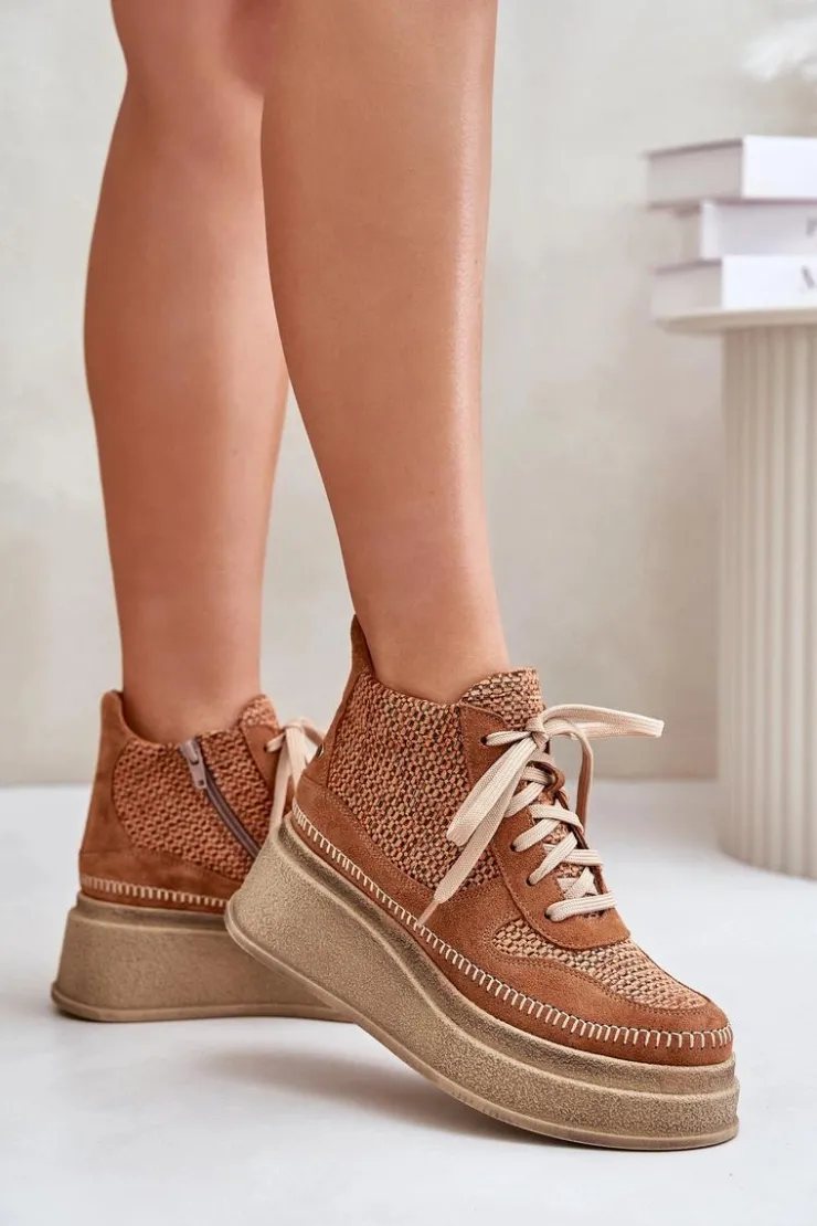 Maciejka Botki Maciejka|Damskie Trapery*Skórzane Botki Na Platformie I Koturnie 06759-29 Brązowe