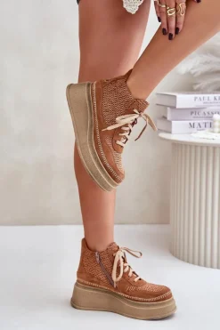 Maciejka Botki Maciejka|Damskie Trapery*Skórzane Botki Na Platformie I Koturnie 06759-29 Brązowe