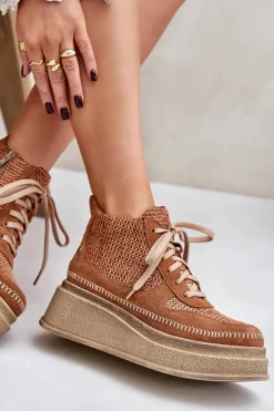 Maciejka Botki Maciejka|Damskie Trapery*Skórzane Botki Na Platformie I Koturnie 06759-29 Brązowe