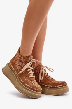 Maciejka Botki Maciejka|Damskie Trapery*Skórzane Botki Na Platformie I Koturnie 06759-29 Brązowe