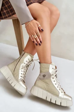 New Maciejka Skórzane Botki Na Platformie 06751-25 Złote Złoty