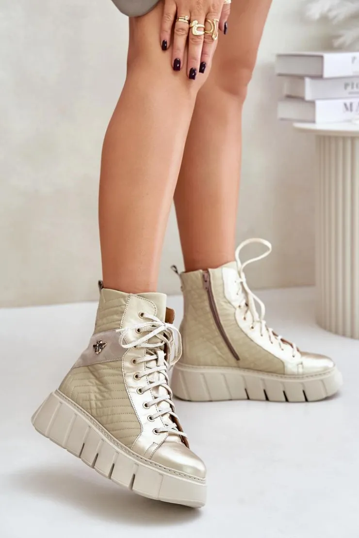 New Maciejka Skórzane Botki Na Platformie 06751-25 Złote Złoty