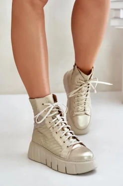 New Maciejka Skórzane Botki Na Platformie 06751-25 Złote Złoty