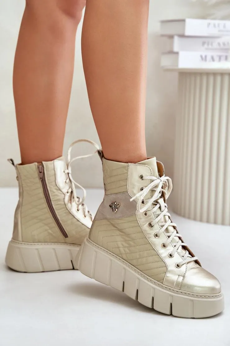 New Maciejka Skórzane Botki Na Platformie 06751-25 Złote Złoty