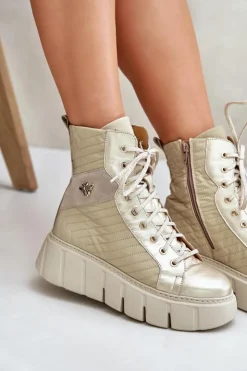New Maciejka Skórzane Botki Na Platformie 06751-25 Złote Złoty