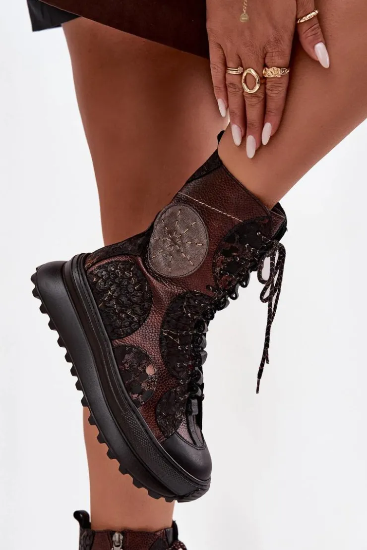 Outlet Maciejka Skórzane Botki Na Platformie Ocieplane 06565-02 Brązowo-Złote Brązowy