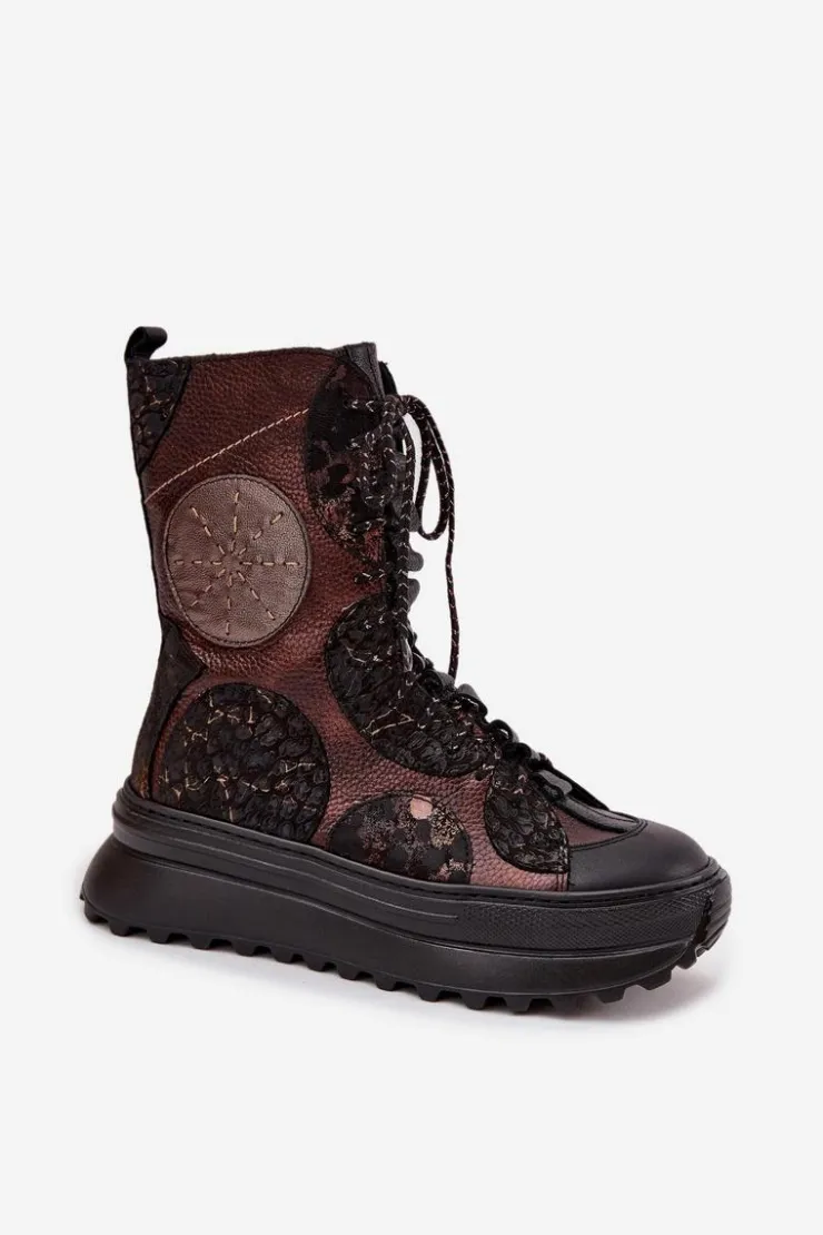 Outlet Maciejka Skórzane Botki Na Platformie Ocieplane 06565-02 Brązowo-Złote Brązowy