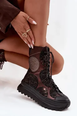 Outlet Maciejka Skórzane Botki Na Platformie Ocieplane 06565-02 Brązowo-Złote Brązowy