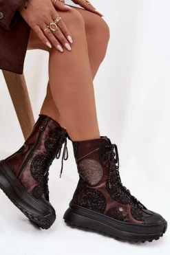 Outlet Maciejka Skórzane Botki Na Platformie Ocieplane 06565-02 Brązowo-Złote Brązowy