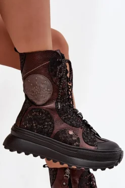 Outlet Maciejka Skórzane Botki Na Platformie Ocieplane 06565-02 Brązowo-Złote Brązowy