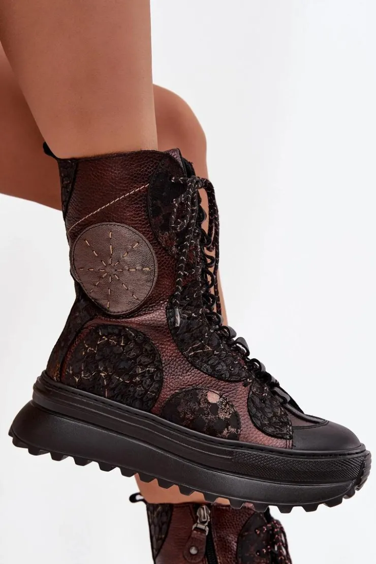 Outlet Maciejka Skórzane Botki Na Platformie Ocieplane 06565-02 Brązowo-Złote Brązowy