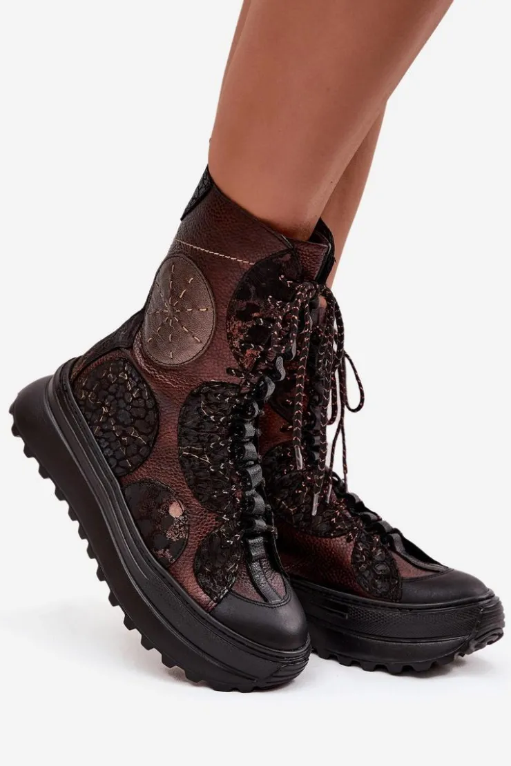 Outlet Maciejka Skórzane Botki Na Platformie Ocieplane 06565-02 Brązowo-Złote Brązowy