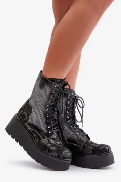 Damskie Maciejka Skórzane Botki Na Platformie I Koturnie Z Wzorzystą Cholewką 06720-01 Czarne