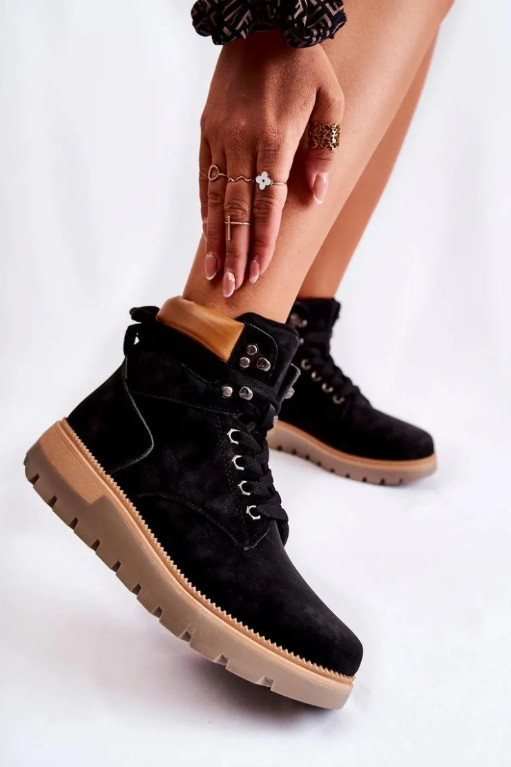 Damskie Boto Skórzane Botki Na Platformie Czarne Ressa