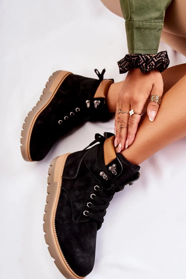 Damskie Boto Skórzane Botki Na Platformie Czarne Ressa