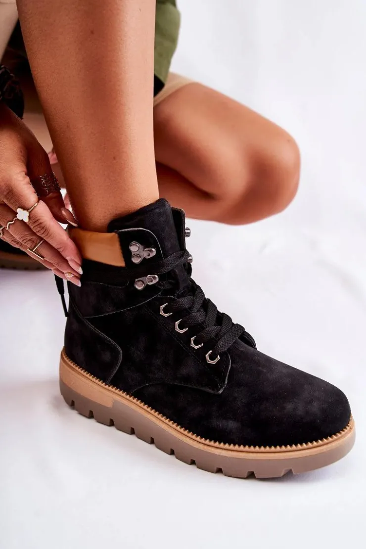 Damskie Boto Skórzane Botki Na Platformie Czarne Ressa