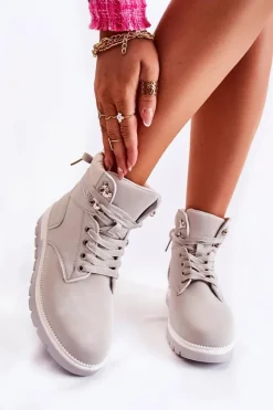 Damskie Boto Skórzane Botki Na Platformie Szare Ressa