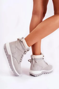 Damskie Boto Skórzane Botki Na Platformie Szare Ressa