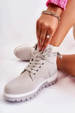 Damskie Boto Skórzane Botki Na Platformie Szare Ressa