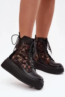 Damskie Maciejka Skórzane Botki Na Platformie 07086-01 Czarne