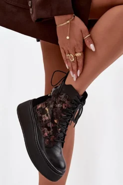 Damskie Maciejka Skórzane Botki Na Platformie 07086-01 Czarne