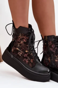 Damskie Maciejka Skórzane Botki Na Platformie 07086-01 Czarne