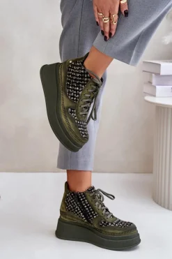 New Maciejka Skórzane Botki Na Platformie I Koturnie 06759-09 Zielone