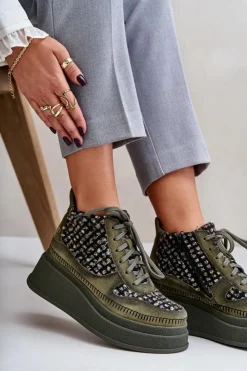 New Maciejka Skórzane Botki Na Platformie I Koturnie 06759-09 Zielone