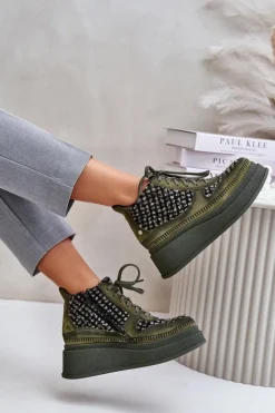 New Maciejka Skórzane Botki Na Platformie I Koturnie 06759-09 Zielone