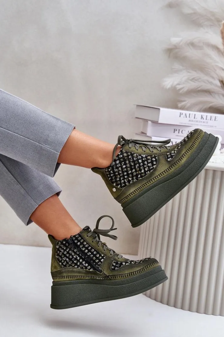 New Maciejka Skórzane Botki Na Platformie I Koturnie 06759-09 Zielone