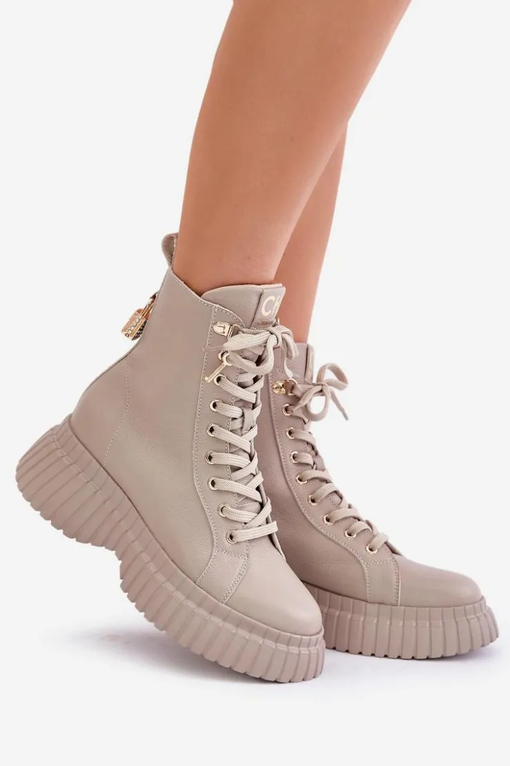 New CheBello Skórzane Botki Na Platformie Na Zamek Z Ozdobną Kłódką 4517 Beżowe