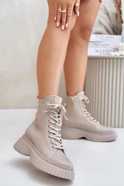 New CheBello Skórzane Botki Na Platformie Na Zamek Z Ozdobną Kłódką 4517 Beżowe