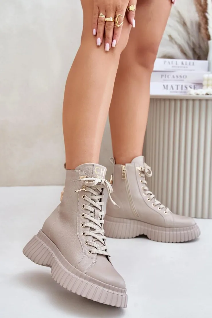 New CheBello Skórzane Botki Na Platformie Na Zamek Z Ozdobną Kłódką 4517 Beżowe