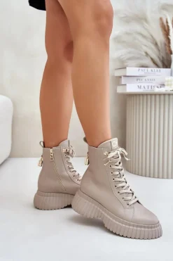 New CheBello Skórzane Botki Na Platformie Na Zamek Z Ozdobną Kłódką 4517 Beżowe