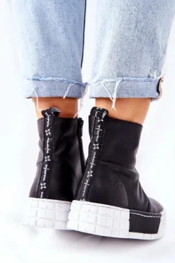 Maciejka Botki Maciejka|Czarne Botki*Skórzane Botki Na Platformie Czarne 05216-01