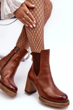 Boto Botki Skórzane|Botki Zimowe Damskie*Skórzane Botki Na Słupku Brązowe Lemar Liresa