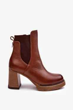 Boto Botki Skórzane|Botki Zimowe Damskie*Skórzane Botki Na Słupku Brązowe Lemar Liresa