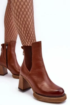 Boto Botki Skórzane|Botki Zimowe Damskie*Skórzane Botki Na Słupku Brązowe Lemar Liresa